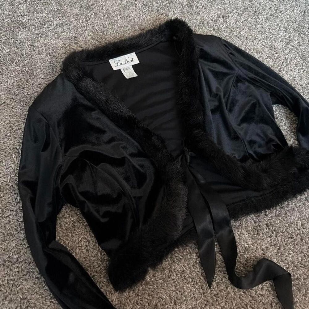 Black satin LA NUIT cropped bolero jacket with luxe faux fur trim